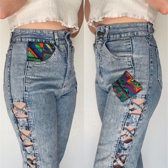 Vintage Denim - Watch LA | Vintage 80s 90s Curvy Acid-Washed Patchwork Cut-Out Skinny Jeans